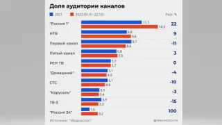 Самым популярным телеканалом в стране в 2022 году стала «Россия 1»