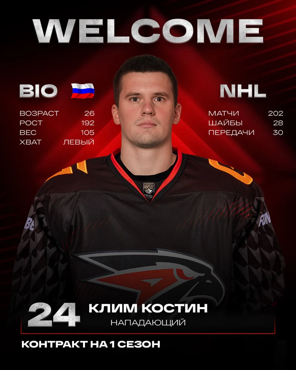 Хоккейный клуб «Авангард» заключил контракт с обладателем Кубка Гагарина Климом Костиным