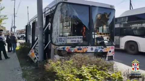 В Омске пассажирский автобус врезался в опору линий электропередач